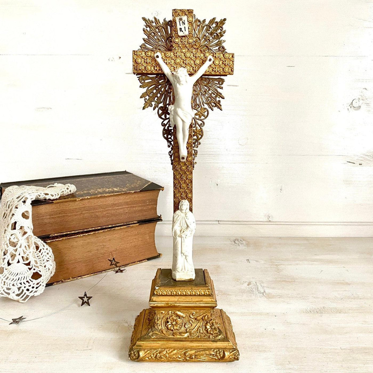 vintage Antique gilt wood standing crucifix cross with bisque figurines 1900s-Sweet Antik