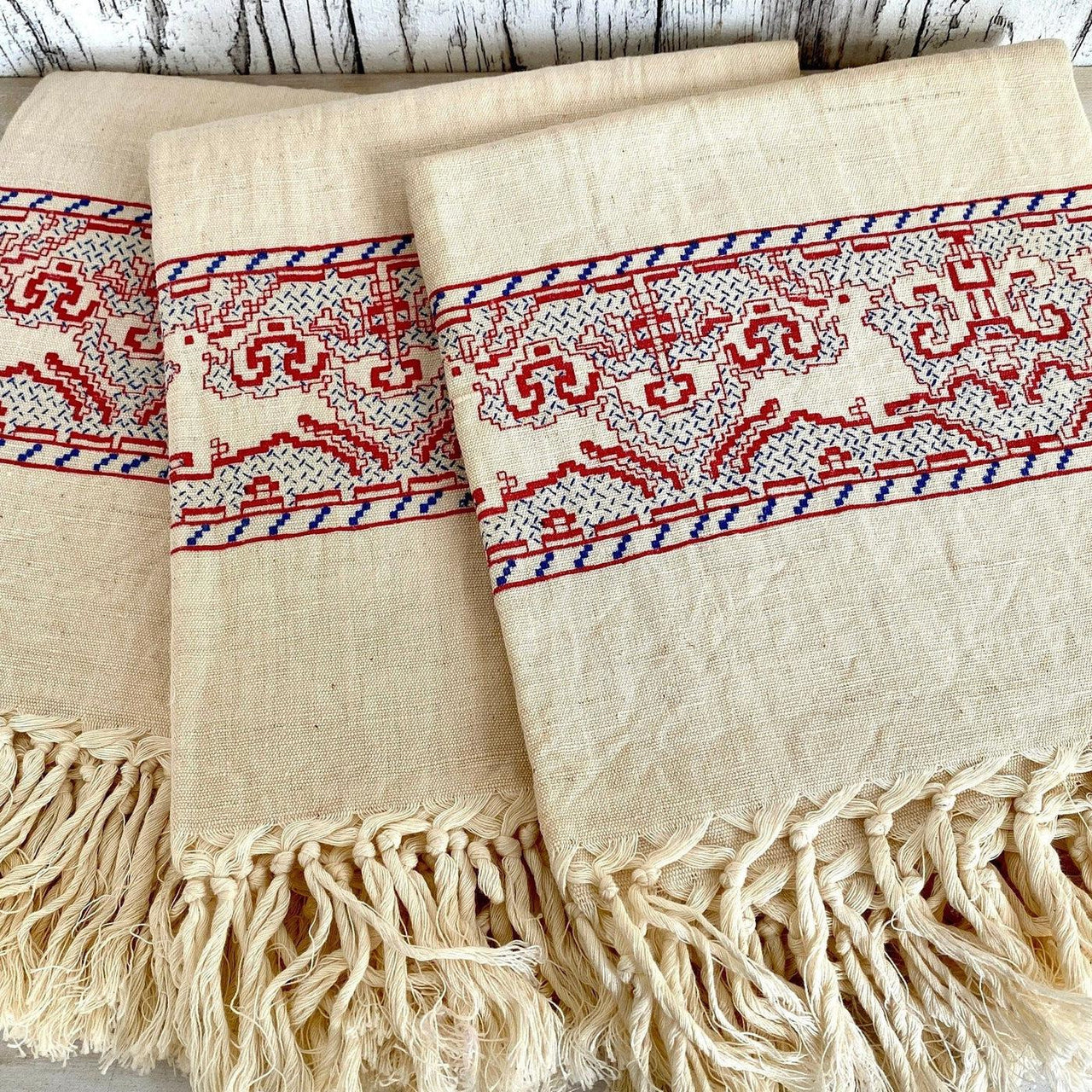 vintage Antique loom-woven hemp dishcloth set embroidery deer, 1930s - Sweet Antik