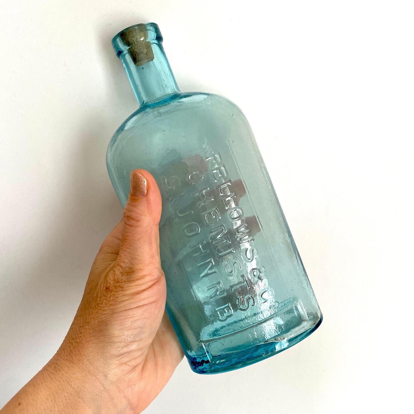 vintage Antique pharmacy blue glass bottle FELLOWS & CO chemists, 1800s - Sweet Antik