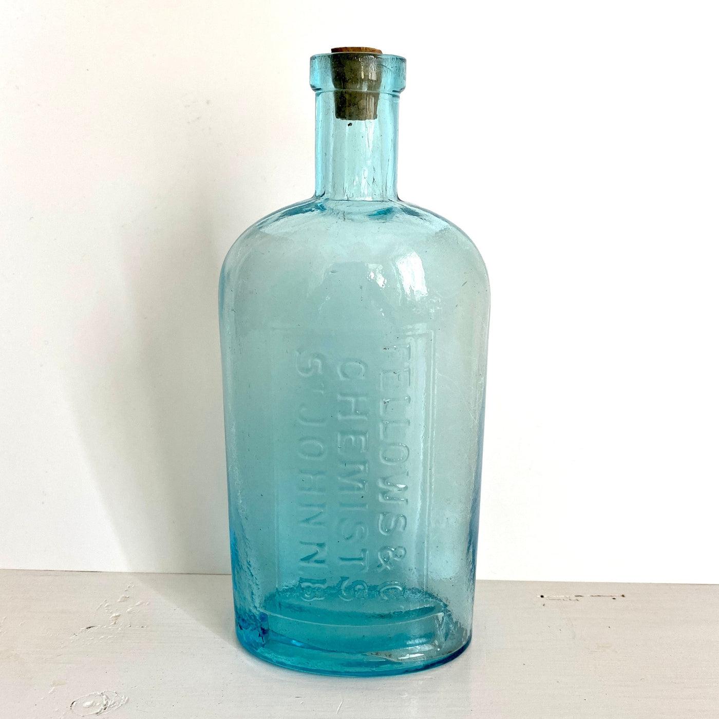 vintage Antique pharmacy blue glass bottle FELLOWS & CO chemists, 1800s - Sweet Antik