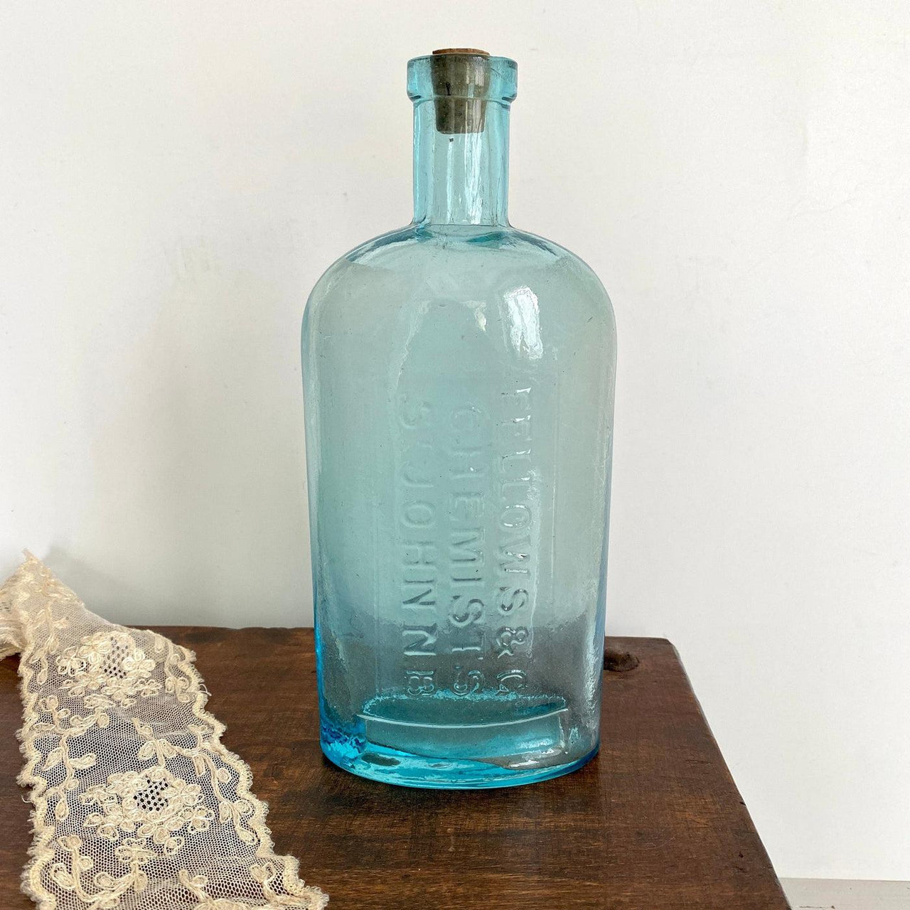 vintage Antique pharmacy blue glass bottle FELLOWS & CO chemists, 1800s - Sweet Antik