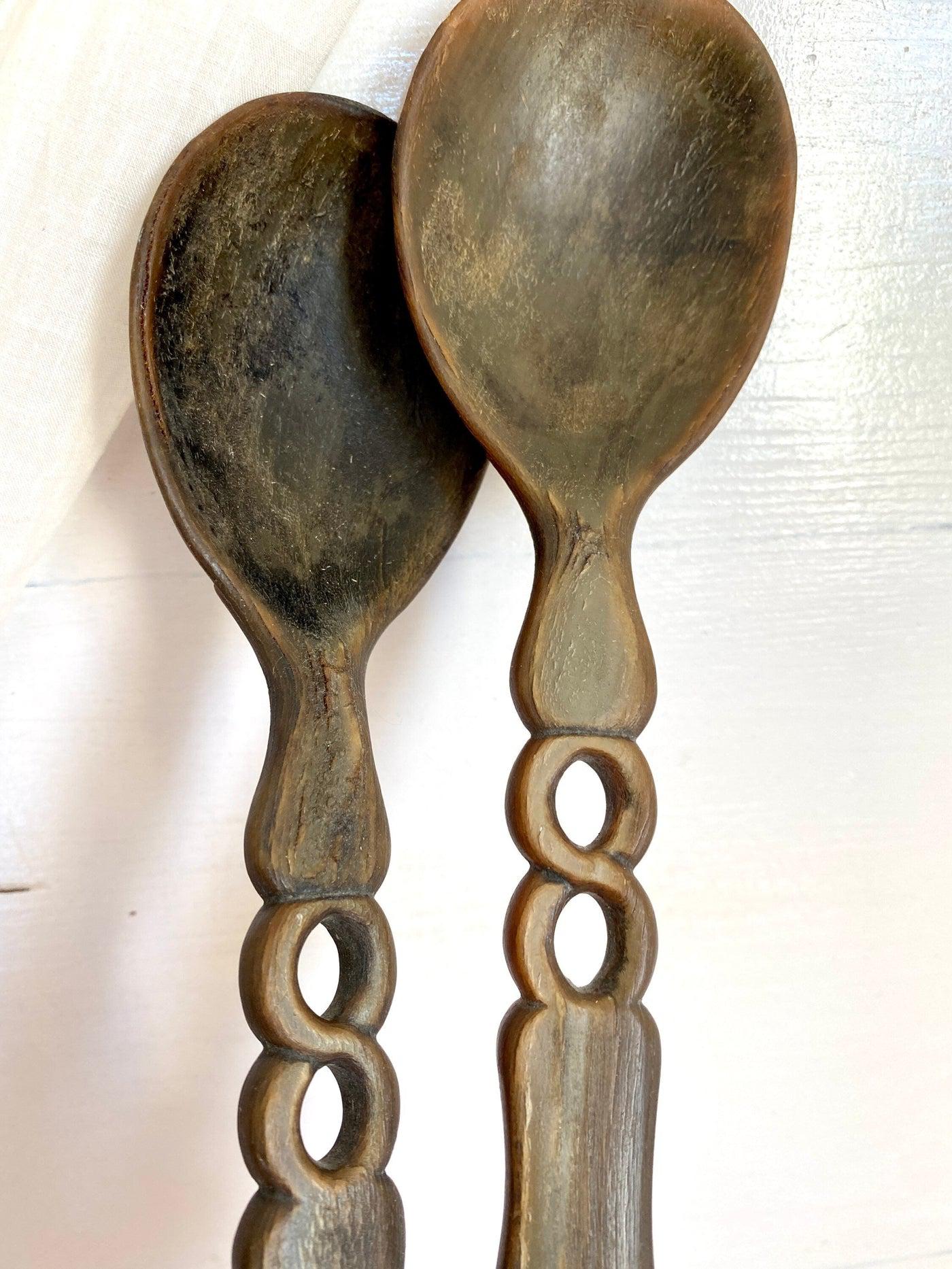 vintage Antique salad server horn carved 19th c. primitive spoons - Sweet Antik