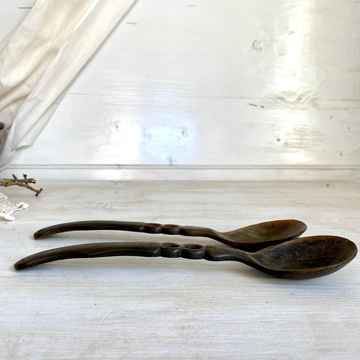 vintage Antique salad server horn carved 19th c. primitive spoons - Sweet Antik