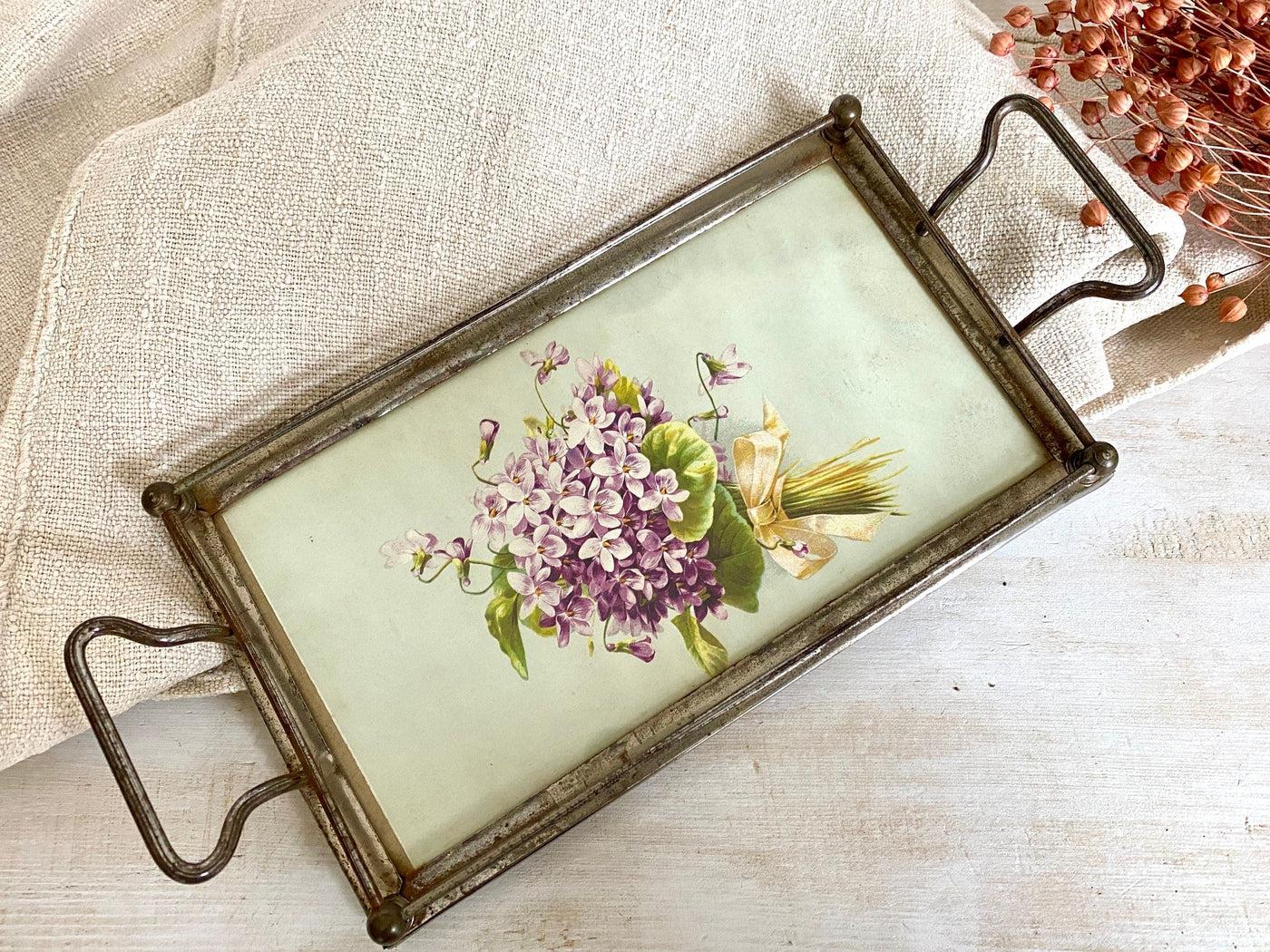 vintage Antique violets serving tray with railing 1900s-Sweet Antik