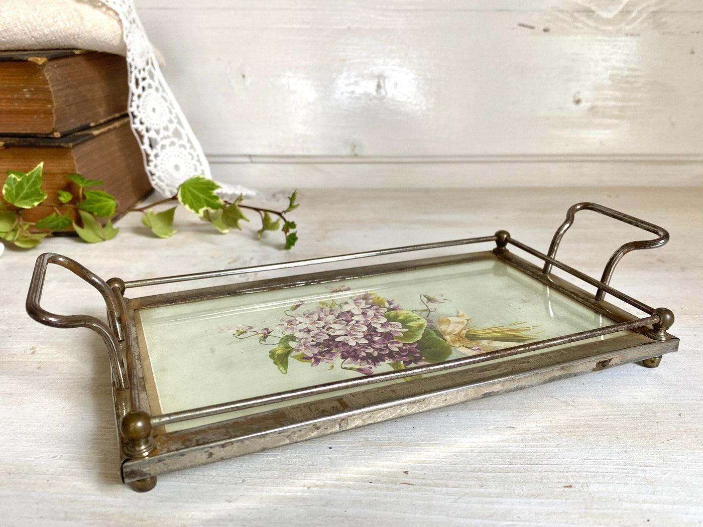 vintage Antique violets serving tray with railing 1900s-Sweet Antik