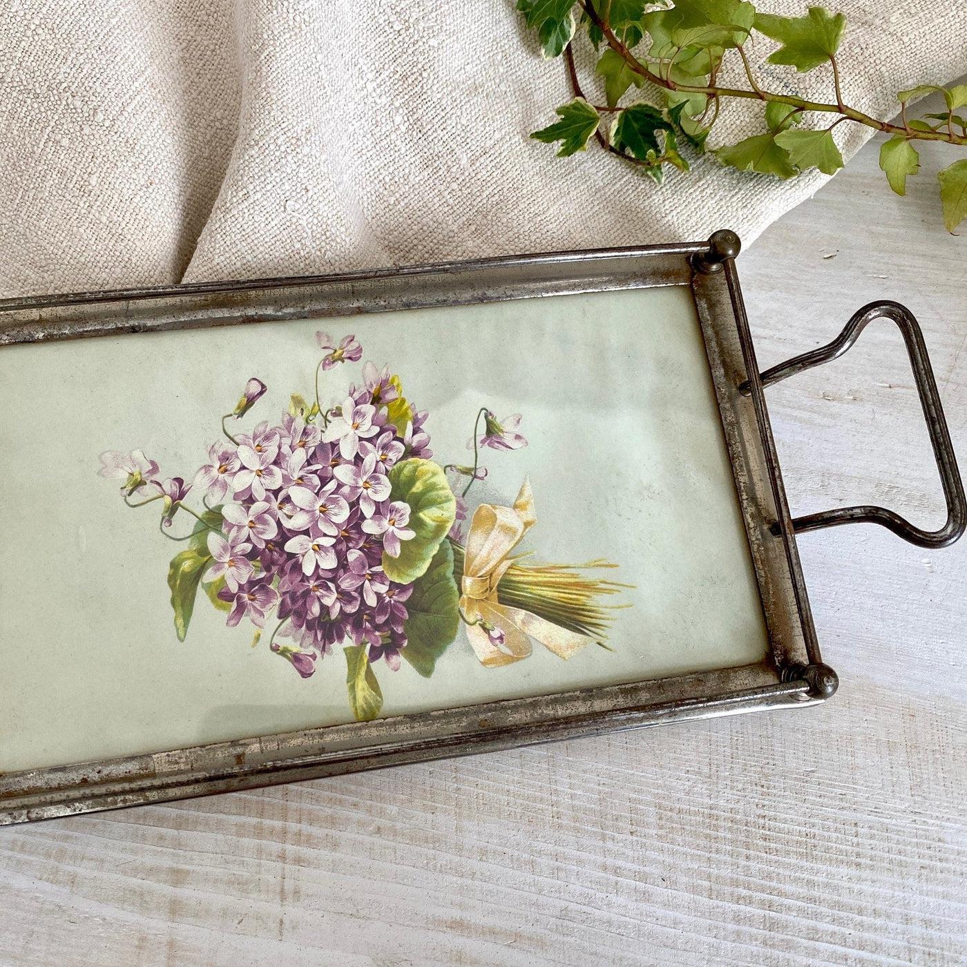 vintage Antique violets serving tray with railing 1900s-Sweet Antik