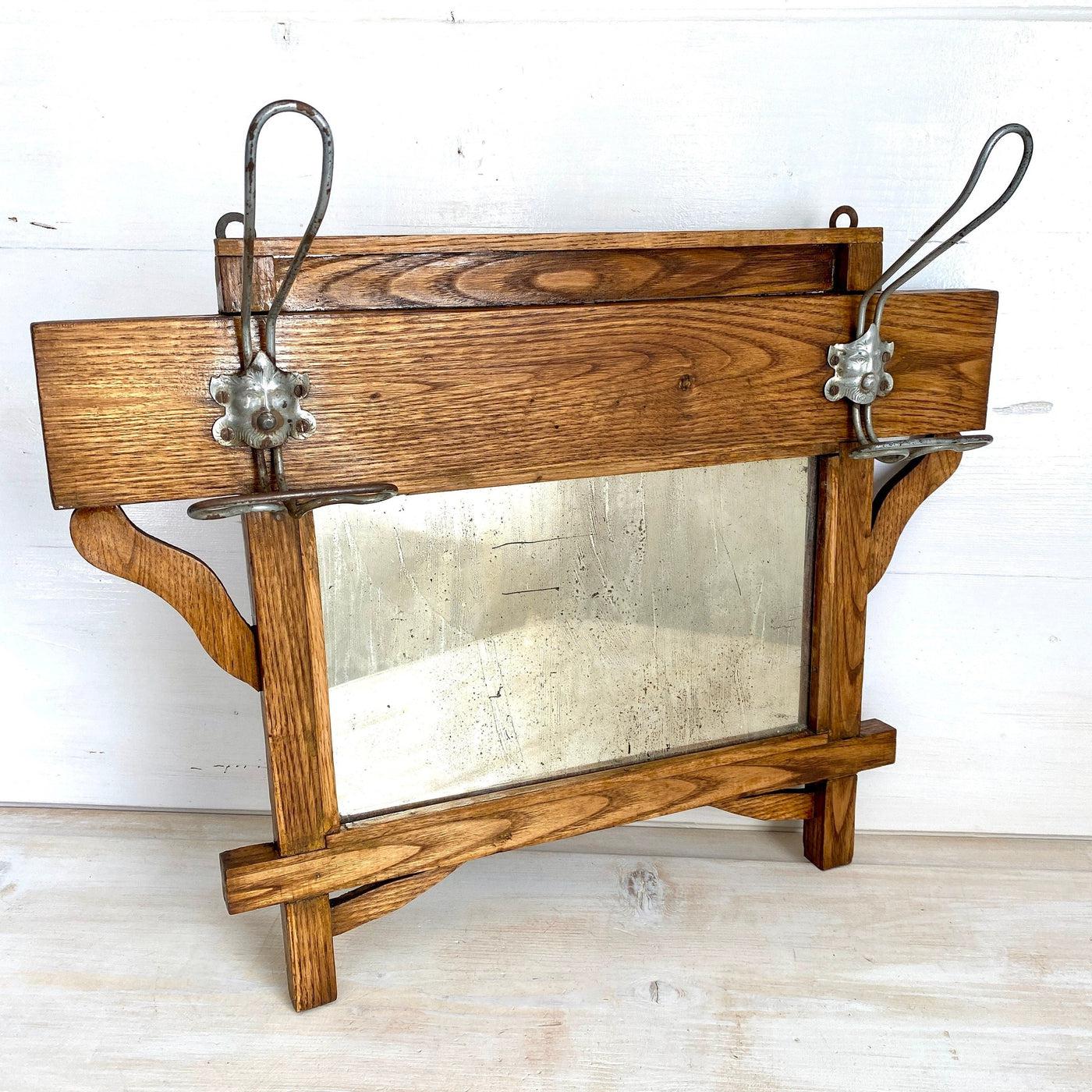 vintage Antique wooden coat rack with mirror 1900s-Sweet Antik