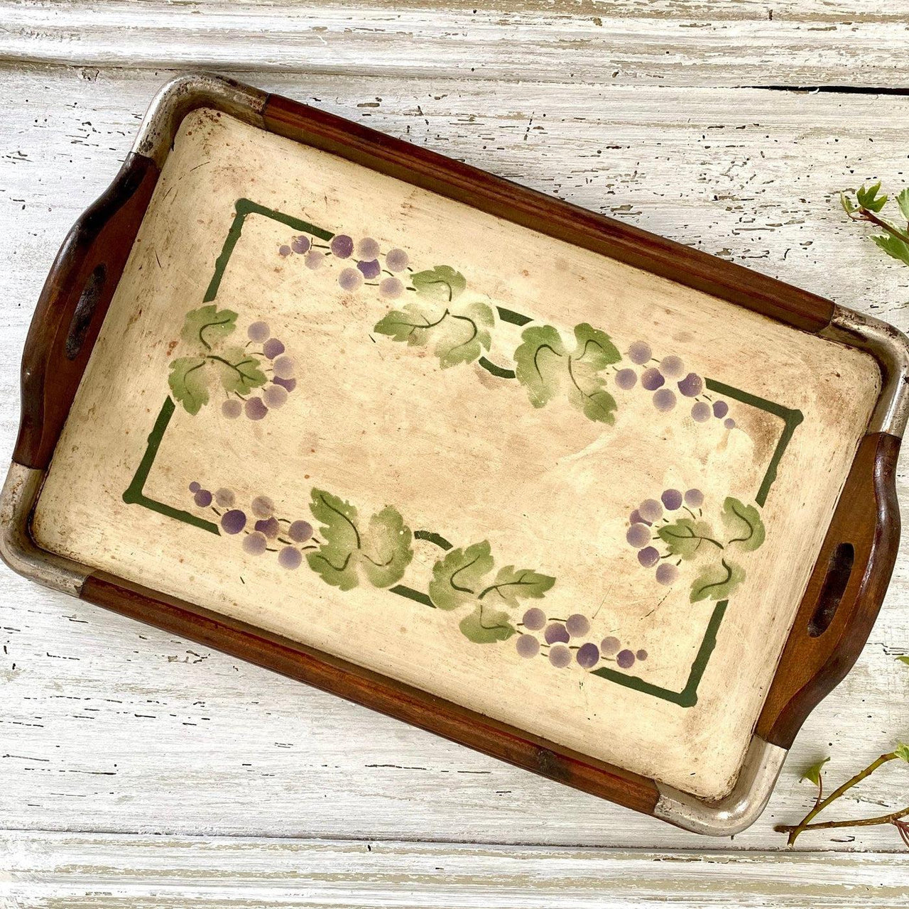 vintage Antique wooden serving tray grapes spray decor, 1920s - Sweet Antik