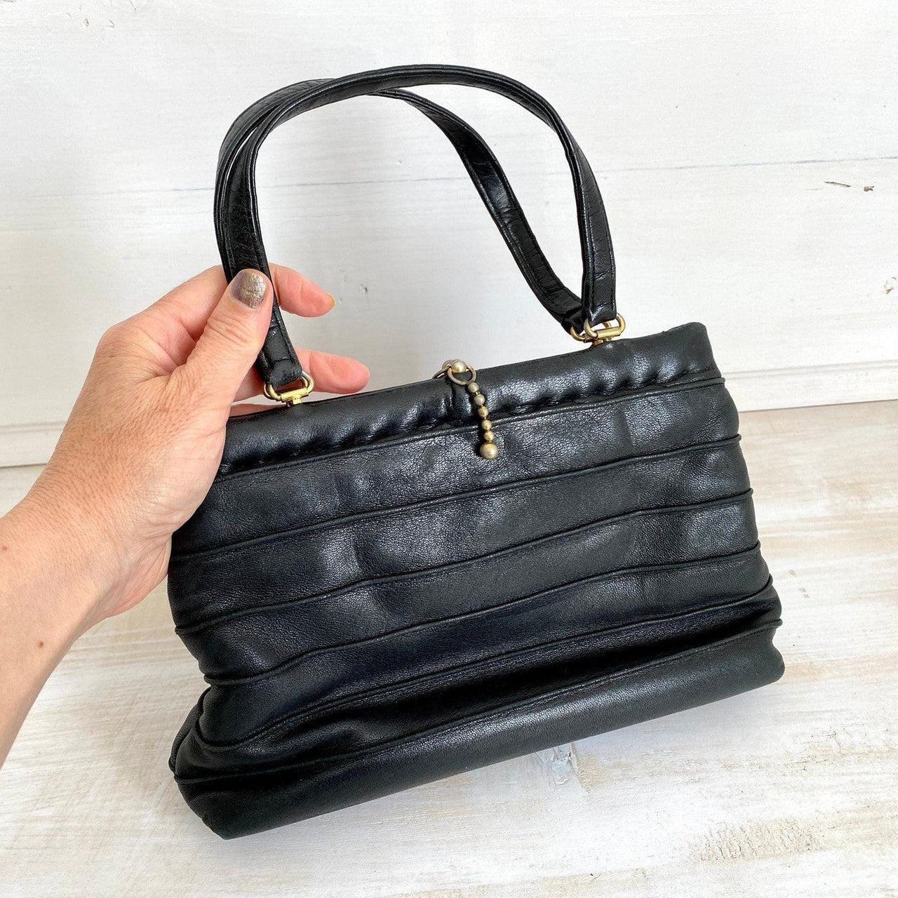 vintage Art Deco top handle purse black kidskin leather vintage handbag, 1930s - Sweet Antik