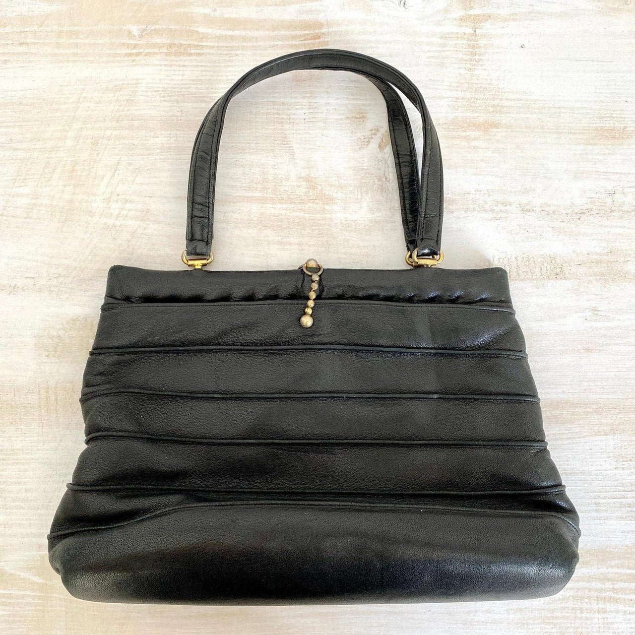 vintage Art Deco top handle purse black kidskin leather vintage handbag, 1930s - Sweet Antik