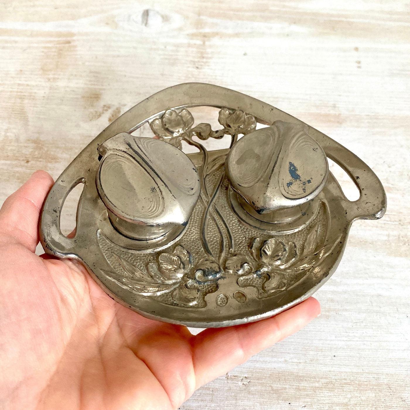 vintage Art Nouveau double inkwell 1900s iris motif-Sweet Antik