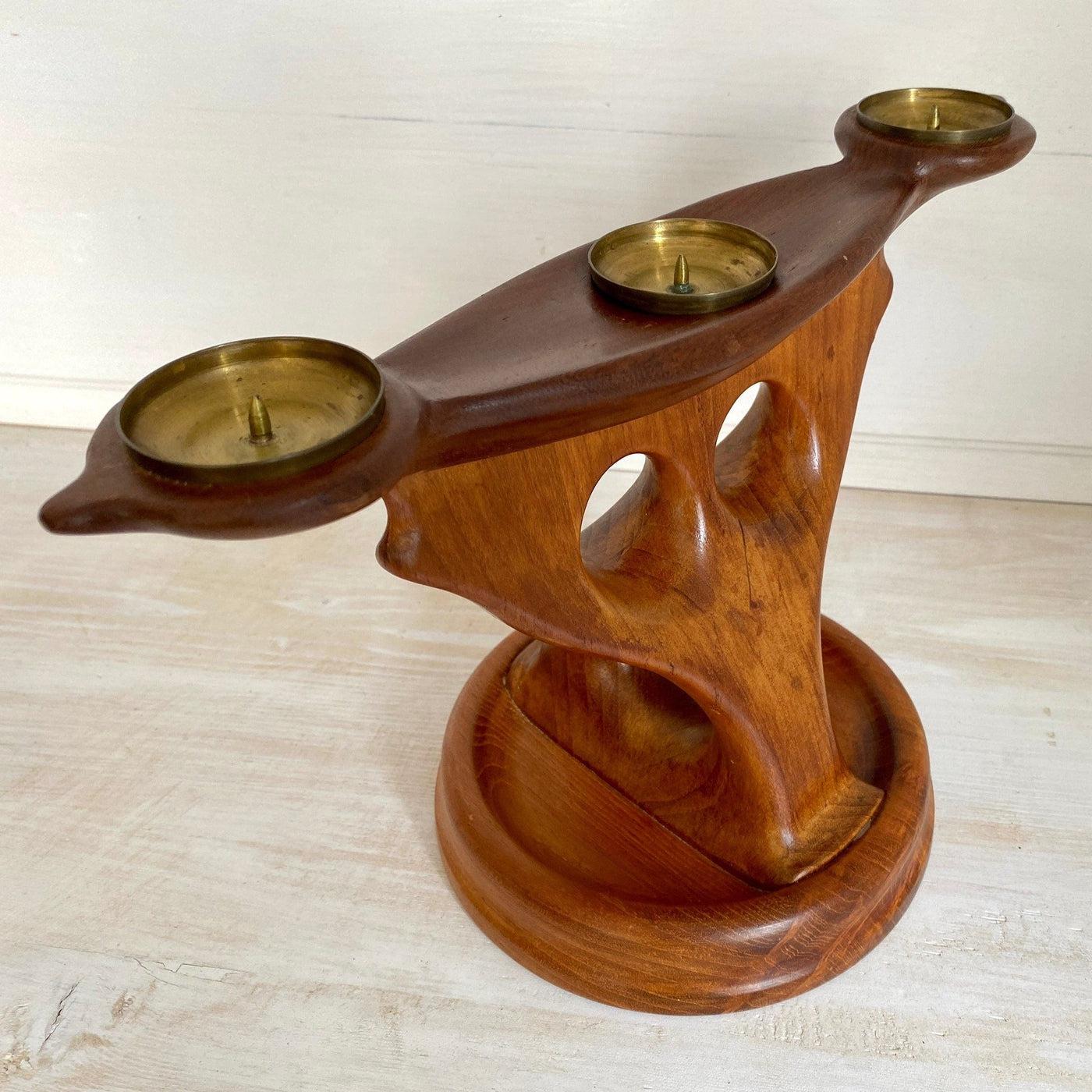 vintage Mid century carved teak candelabra candle holder sculpture, 1960s - Sweet Antik