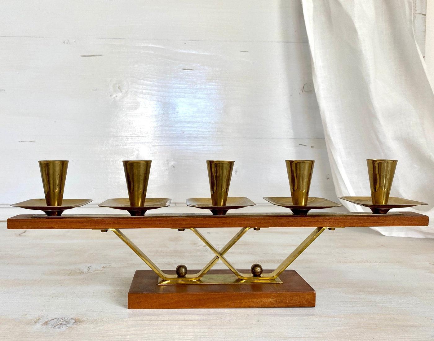 vintage-Mid-century teak brass candelabra 1960s-Sweet Antik