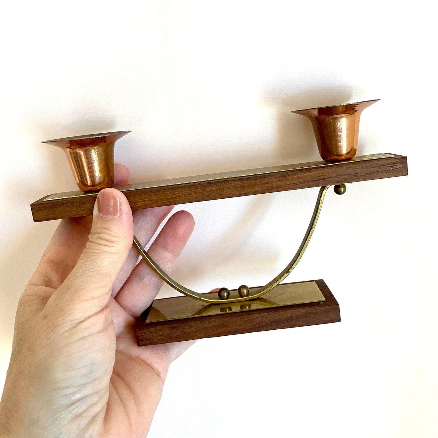 vintage Mid-century teak brass candle holder MCM, 1960s - Sweet Antik