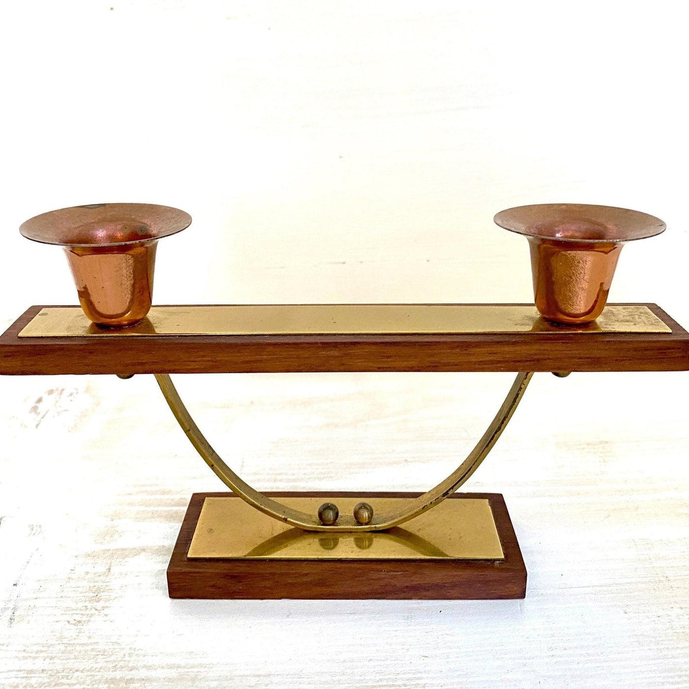 vintage Mid-century teak brass candle holder MCM, 1960s - Sweet Antik