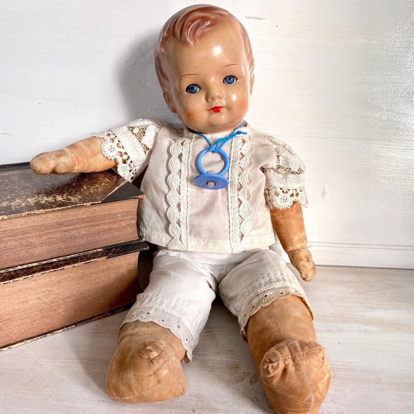 vintage-antique-german-baby-doll-celluloid-head-1930s-straw-stuffed-- Sweet Antik